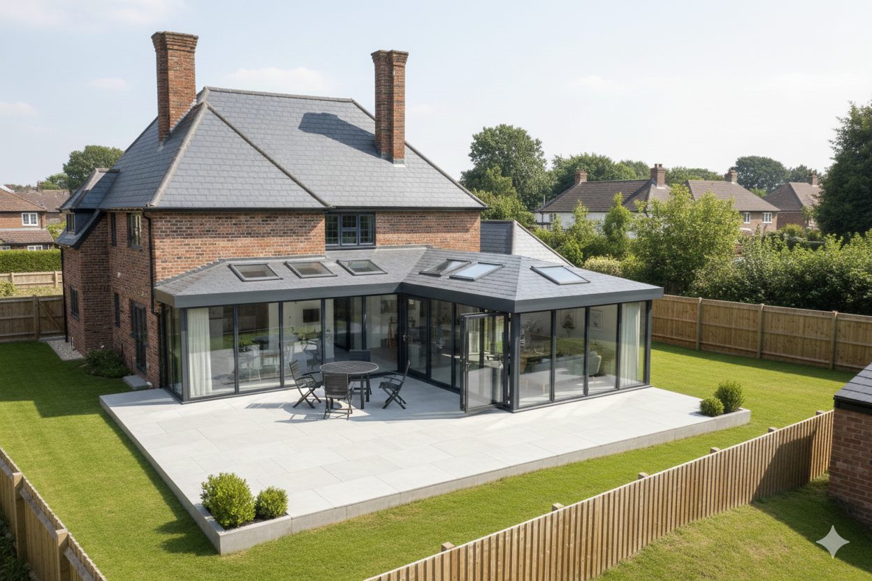 A brick detached house with a wraparound rear extension under a hipped slate roof, with full-height glazing on two sides and a large stone terrace.